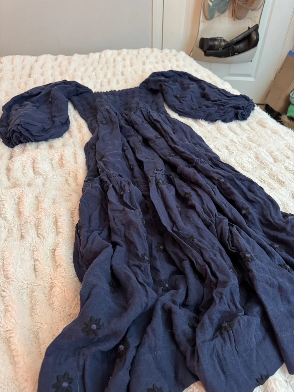 Free People Navy Smocked Bodice Maxi Dress with Puff Sleeves